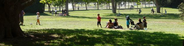 Famille assises sur l'herbe et sous les arbres dans le parc Borely à Marseille